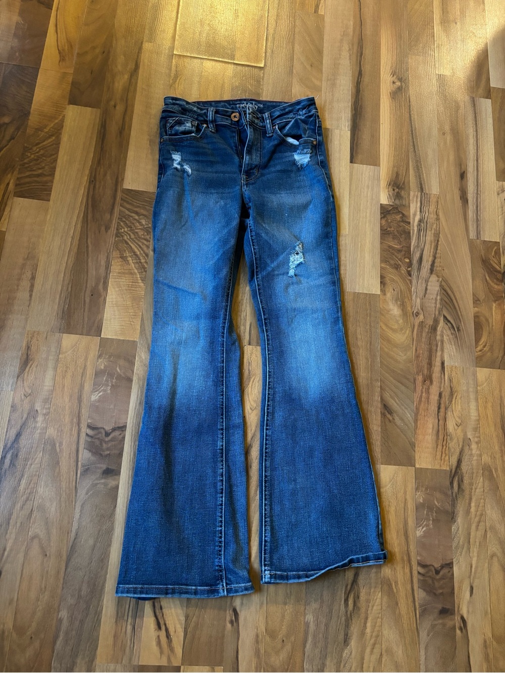 Women’s Mid-Rise Flare Jeans with Distressed Accents - Blue